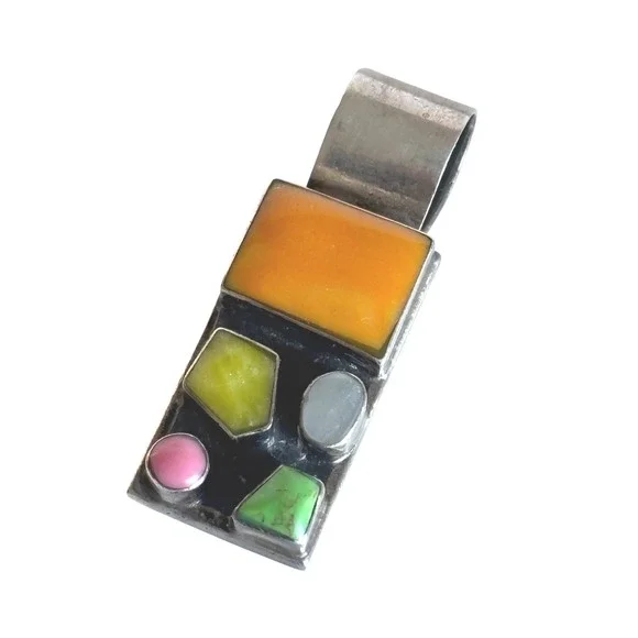 Modernist Sterling Silver Multi Stone Pendant Inlay Wearable Art Signed 925 - Picture 1 of 8